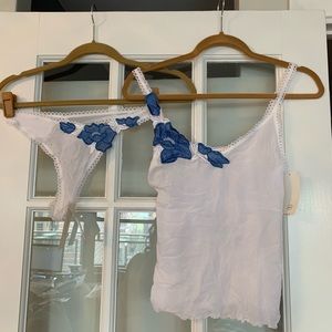 OnGossamer White Blue Floral Thong Tank Camisole Set  M/L